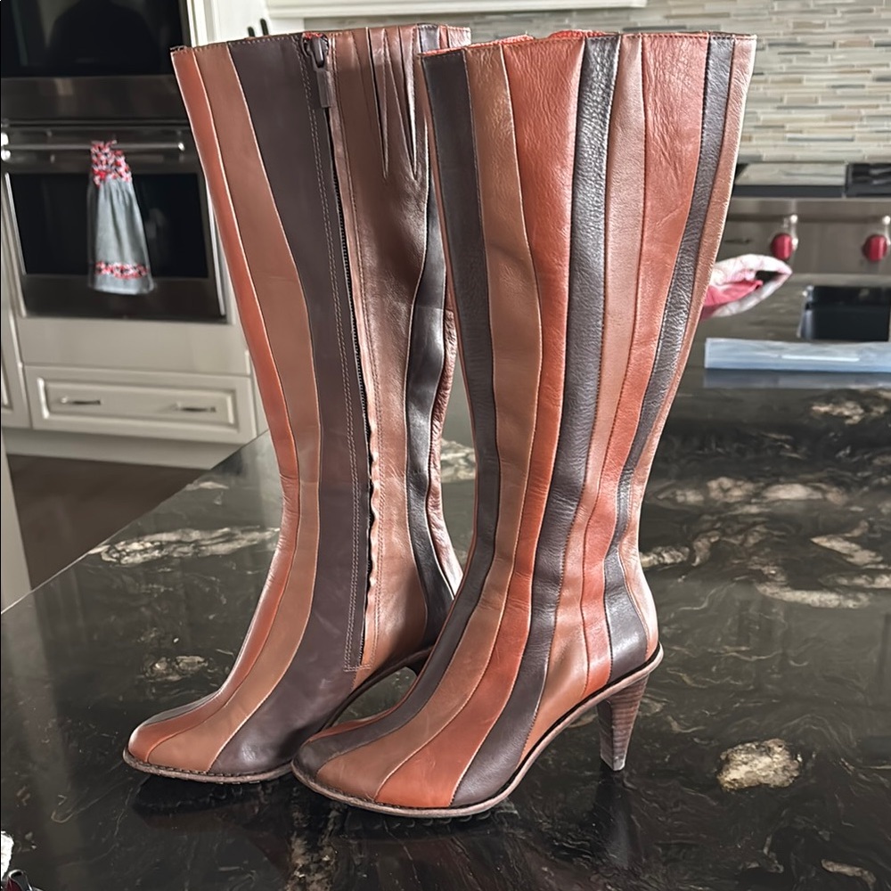 Striped Brown and Tan Knee-High Boots